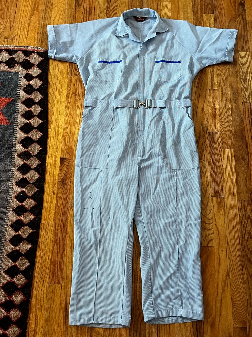 Para Suit Light Blue Striped Short-Sleeve Utility Jumpsuit with Buckle Waist